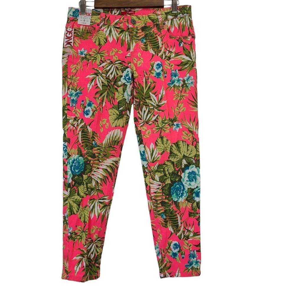 Bongo Junior Sz 9 Neon Pink Floral Palm Tropical Print Crop Stretchy Jeans Pants